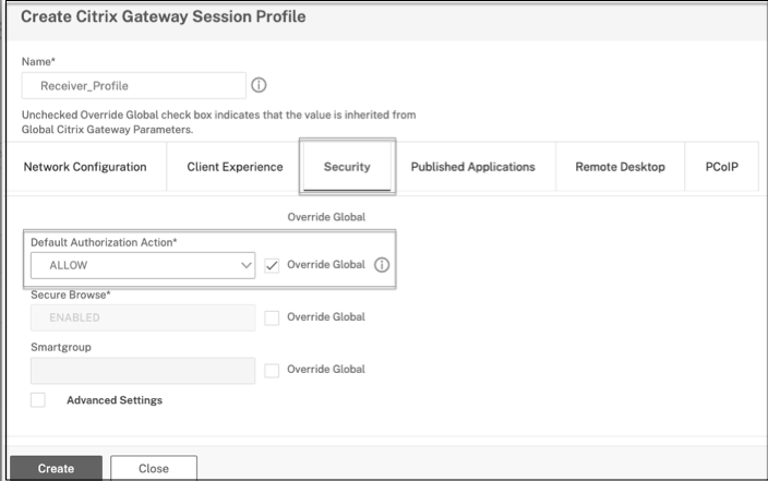 Security tab settings