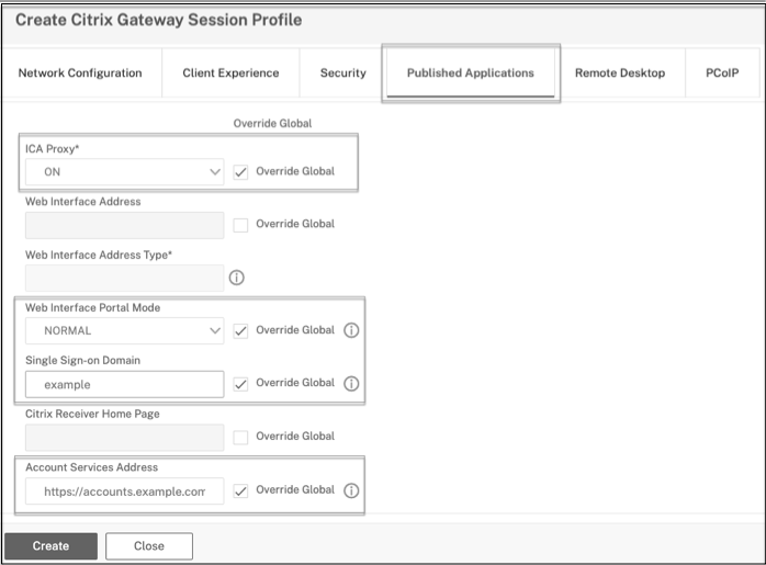 Published Application tab settings