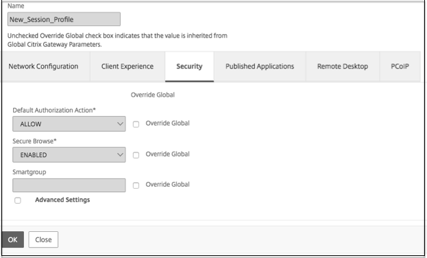 Security tab settings