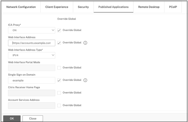 Published applications tab settings