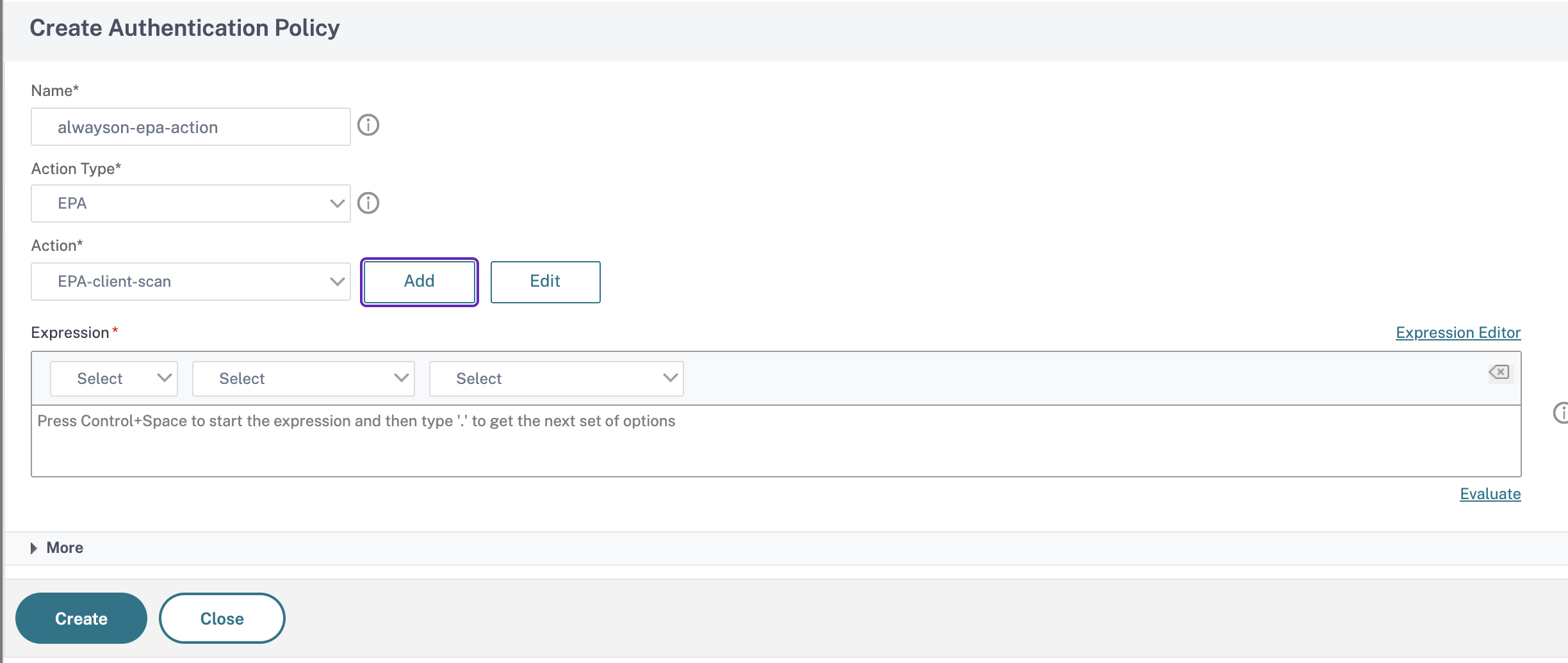 Select EPA action type