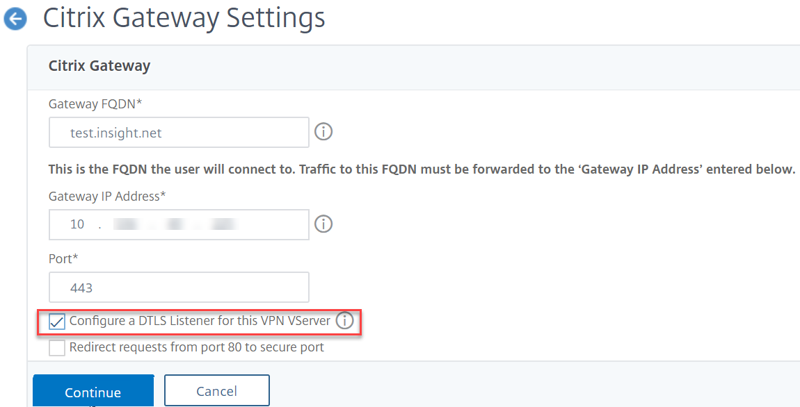 Citrix Gateway Settings page