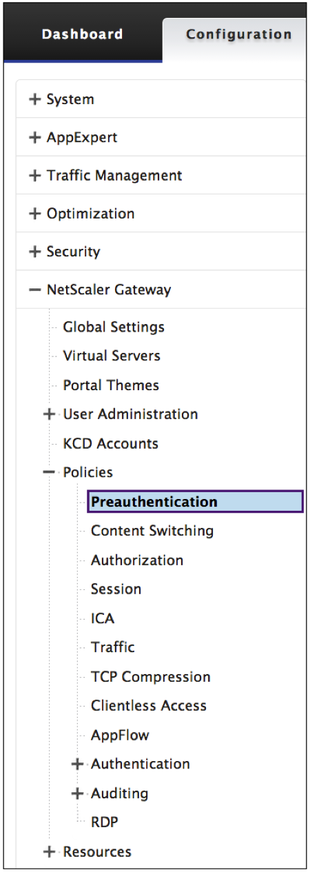 Select a `preauth` policy