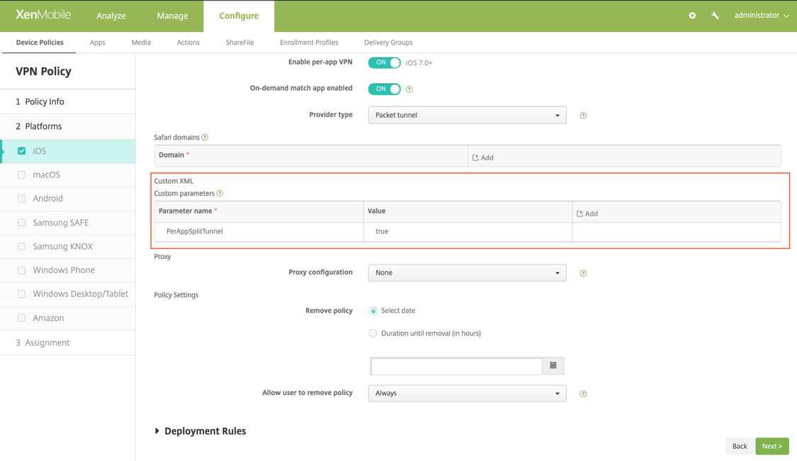 Split tunnel per app in CEM